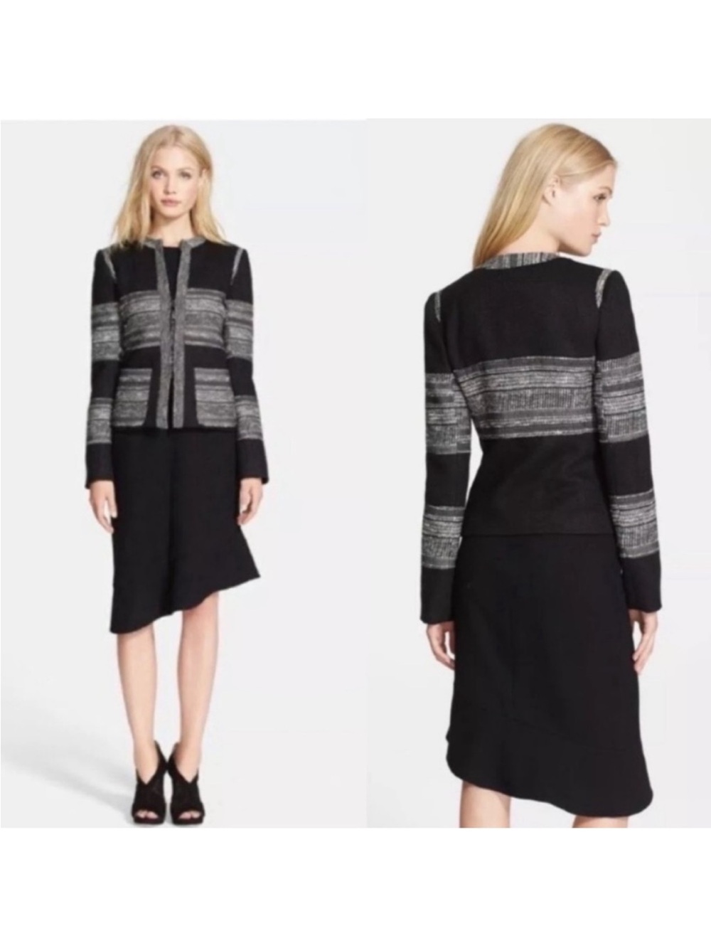 L’AGENCE Boucle Wool Tweed Stripe Black and White Jacket Collarless Blazer